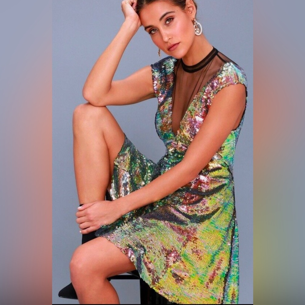 💜💚🩵Free People Dance Til Dawn Mini Sequin Skater Party Dress SZ L 🩵💚💜